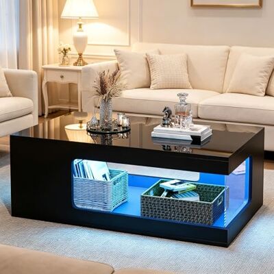 BTM Table Basse De Salon Noire 50×100×35Cm, Structure Ajourée, Table À Café Haut Brillant avec Plateaux De Rangement en Verre Trempé des Deux Côtés, Bandeau D’éclairage LED, Panneau De Particules - Publicité BTM Table Basse De Salon Noire 50×100×35Cm, Structure Ajourée, Table À Café Haut Brillant avec Plateaux De Rangement en Verre Trempé des Deux Côtés, Bandeau D’éclairage LED, Panneau De Particules - Publicité