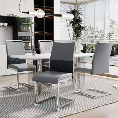 Merax Lot de 4 chaises de salle à manger modernes avec dossier en cuir synthétique et lin, dossier haut rembourré à rayures horizontales, design pour salle à manger, cuisine, bureau d'invités, gris - Publicité Merax Lot de 4 chaises de salle à manger modernes avec dossier en cuir synthétique et lin, dossier haut rembourré à rayures horizontales, design pour salle à manger, cuisine, bureau d'invités, gris - Publicité