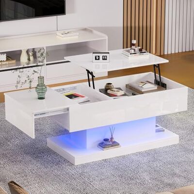 BTM Table Basse de Salon avec Plateau Relevable, Blanche Brillante avec LED, Rangements Compartiment Caché, Coulissante Latérale, Charge 30kg, 100 x50x45cm - Publicité BTM Table Basse de Salon avec Plateau Relevable, Blanche Brillante avec LED, Rangements Compartiment Caché, Coulissante Latérale, Charge 30kg, 100 x50x45cm - Publicité