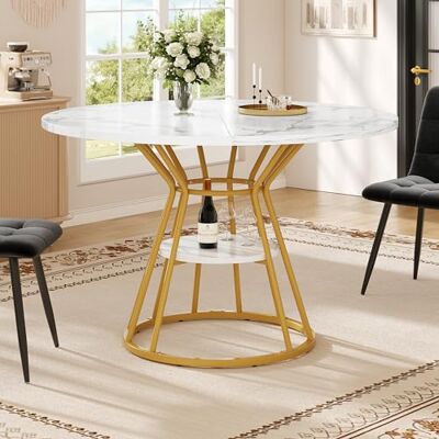 Merax Petite table à manger ronde, moderne, plateau en MDF avec motif marbre, pied stable en métal doré, pour cuisine, salon, bureau, 100 x 100 x 76 cm - Publicité Merax Petite table à manger ronde, moderne, plateau en MDF avec motif marbre, pied stable en métal doré, pour cuisine, salon, bureau, 100 x 100 x 76 cm - Publicité