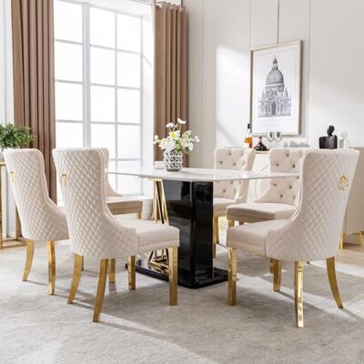Merax Lot de 6 chaises de salle à manger rembourrées avec heurtoir de porte, garniture de tête de clou et housse en velours – Style luxueux beige/doré - Publicité Merax Lot de 6 chaises de salle à manger rembourrées avec heurtoir de porte, garniture de tête de clou et housse en velours – Style luxueux beige/doré - Publicité
