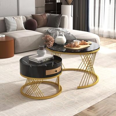 BTM Lot de 2 Tables Basses gigognes, Table Basse gigogne Ronde 70/50 cm, Table Basse rotin pour Salon, Chambre, Bureau, Appartement, Design Moderne Noir+Doré - Publicité BTM Lot de 2 Tables Basses gigognes, Table Basse gigogne Ronde 70/50 cm, Table Basse rotin pour Salon, Chambre, Bureau, Appartement, Design Moderne Noir+Doré - Publicité