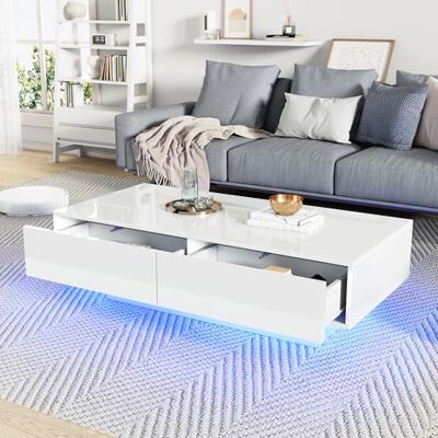 BTM Table Basse LED Via APP, Table Basse Blanc avec 2 Tiroirs, Rectangulaire Coffee Table, Style Moderne, Charge 30kg, 115x55x34cm - Publicité BTM Table Basse LED Via APP, Table Basse Blanc avec 2 Tiroirs, Rectangulaire Coffee Table, Style Moderne, Charge 30kg, 115x55x34cm - Publicité
