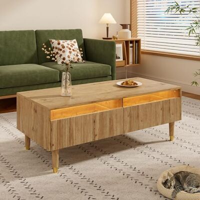 Merax Table basse LED 110 x 50 x 40 cm, table de salon moderne avec 2 tiroirs et façade en acrylique, pieds en bois massif, éclairage LED 7 couleurs avec télécommande, couleur bois - Publicité Merax Table basse LED 110 x 50 x 40 cm, table de salon moderne avec 2 tiroirs et façade en acrylique, pieds en bois massif, éclairage LED 7 couleurs avec télécommande, couleur bois - Publicité