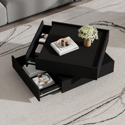 BTM Table Basse Fonctionnelle 60x60x38 cm Plateau Tournant 360°, 2 Étagères Rangement, Pieds Noir - Publicité BTM Table Basse Fonctionnelle 60x60x38 cm Plateau Tournant 360°, 2 Étagères Rangement, Pieds Noir - Publicité