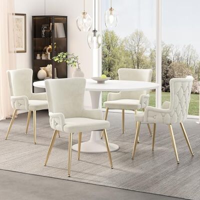 Merax Lot de 4 chaises de salle à manger rembourrées modernes en velours avec dossier et pieds en métal doré Pour salon, chambre à coucher, salle à manger et cuisine Beige - Publicité Merax Lot de 4 chaises de salle à manger rembourrées modernes en velours avec dossier et pieds en métal doré Pour salon, chambre à coucher, salle à manger et cuisine Beige - Publicité