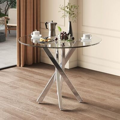 Merax Table à manger ronde, 80 x 80 x 75 cm, en verre moderne, avec plateau en verre trempé, pieds en métal galvanisé en argent, table de cuisine stable pour 2 à 4 personnes, table à café et de - Publicité Merax Table à manger ronde, 80 x 80 x 75 cm, en verre moderne, avec plateau en verre trempé, pieds en métal galvanisé en argent, table de cuisine stable pour 2 à 4 personnes, table à café et de - Publicité