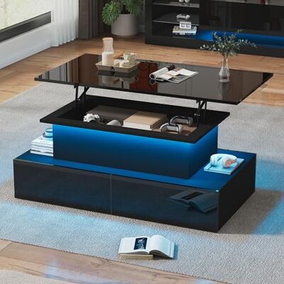 BTM Table Basse Relevable, Table Basse LED avec 4 Tiroirs et Rangement Caché, Noire Brillante, Moderne, Charge de 30kg, 90x55x41cm - Publicité BTM Table Basse Relevable, Table Basse LED avec 4 Tiroirs et Rangement Caché, Noire Brillante, Moderne, Charge de 30kg, 90x55x41cm - Publicité