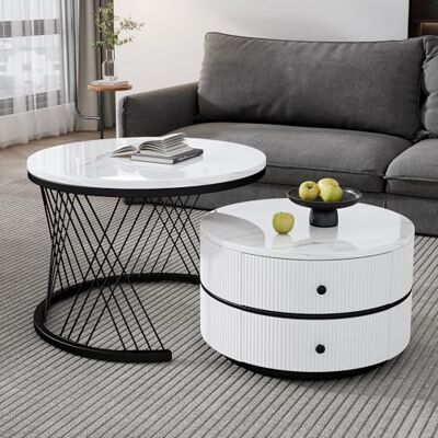 Merax Tables basses rondes : ensemble de 2 tables avec 2 tiroirs, structure en métal noir, marbré brillant, pour salle de réception, balcon, 60 x 46 cm, 50 x 30.8 cm, blanc avec motif de marbre - Publicité Merax Tables basses rondes : ensemble de 2 tables avec 2 tiroirs, structure en métal noir, marbré brillant, pour salle de réception, balcon, 60 x 46 cm, 50 x 30.8 cm, blanc avec motif de marbre - Publicité