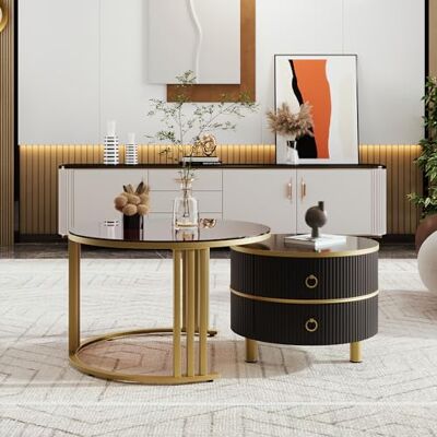 BTM Table Basse Ronde Gigogne, Table Basse Noir en Verre avec 2 Tiroirs et Support en Métal Doré, 50 * 50 * 40 + 70 * 70 * 45cm - Publicité BTM Table Basse Ronde Gigogne, Table Basse Noir en Verre avec 2 Tiroirs et Support en Métal Doré, 50 * 50 * 40 + 70 * 70 * 45cm - Publicité