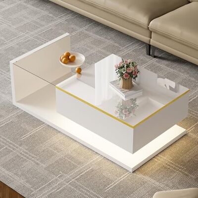 BTM Table Basse Moderne à LED avec Plateau en Verre, Table rectangulaire en Bois avec Rangement caché et Ouvert, pour Salon, Blanc - Publicité BTM Table Basse Moderne à LED avec Plateau en Verre, Table rectangulaire en Bois avec Rangement caché et Ouvert, pour Salon, Blanc - Publicité