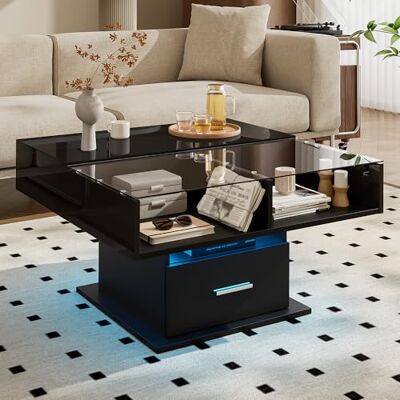 Merax Table Basse relevable LED,Table Basse relevable, 78×78/45,5×45,5 cm – Table de Salon Moderne à Hauteur Variable avec éclairage RGB Via appli, Finition laquée Noire - Publicité Merax Table Basse relevable LED,Table Basse relevable, 78×78/45,5×45,5 cm – Table de Salon Moderne à Hauteur Variable avec éclairage RGB Via appli, Finition laquée Noire - Publicité