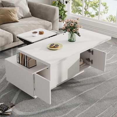 BTM Table Basse Blanche avec Plateau Relevable, Rangement Caché et 2 Portes, Table d'appoint de Salon avec Grand Plateau Pliable, Charge 50kg, 100x50x43cm, Blanc - Publicité BTM Table Basse Blanche avec Plateau Relevable, Rangement Caché et 2 Portes, Table d'appoint de Salon avec Grand Plateau Pliable, Charge 50kg, 100x50x43cm, Blanc - Publicité