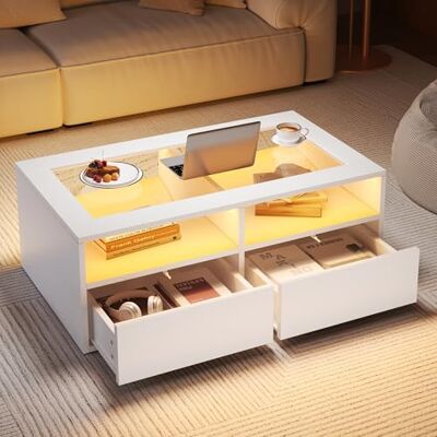 BTM Table Basse 100 x 50 x 35 cm avec éclairage LED, d'appoint avec 2 tiroirs, de Salon en Verre, Double Plateau, Espace de Rangement Ouvert, de Chevet, Blanche - Publicité BTM Table Basse 100 x 50 x 35 cm avec éclairage LED, d'appoint avec 2 tiroirs, de Salon en Verre, Double Plateau, Espace de Rangement Ouvert, de Chevet, Blanche - Publicité