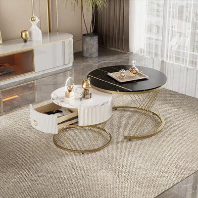BTM Table Basse modulable élégante : Aspect marbre, décor doré, Table d'appoint avec tiroirs – Lot de 2 - Publicité BTM Table Basse modulable élégante : Aspect marbre, décor doré, Table d'appoint avec tiroirs – Lot de 2 - Publicité