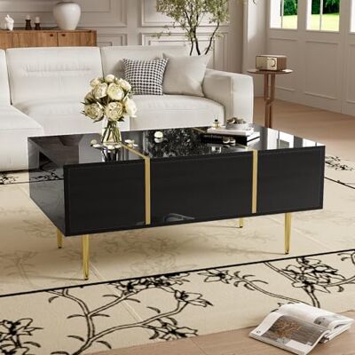 Merax Table basse brillante 100 x 60 x 41,5 cm, avec 2 tiroirs, accents dorés, espace de rangement, design élégant, facile à nettoyer, pour salon, noir - Publicité Merax Table basse brillante 100 x 60 x 41,5 cm, avec 2 tiroirs, accents dorés, espace de rangement, design élégant, facile à nettoyer, pour salon, noir - Publicité