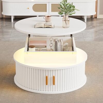 BTM Table Basse 75x75x52cm, Ronde, Hauteur Réglable, LED, 2 Portes Coulissantes, Blanc, Brillant Haut, Espace de Rangement - Publicité BTM Table Basse 75x75x52cm, Ronde, Hauteur Réglable, LED, 2 Portes Coulissantes, Blanc, Brillant Haut, Espace de Rangement - Publicité