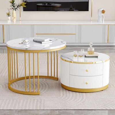 BTM Lot de 2 Tables Basses, Table Basse en Aspect Marbre avec Cadre en Métal Doré, Table Basse Gigognes Ronde avec 2 Tiroirs, Chargde 30kg, 60X60X45.5cm et 50x50x32cm, Blanc et Or - Publicité BTM Lot de 2 Tables Basses, Table Basse en Aspect Marbre avec Cadre en Métal Doré, Table Basse Gigognes Ronde avec 2 Tiroirs, Chargde 30kg, 60X60X45.5cm et 50x50x32cm, Blanc et Or - Publicité