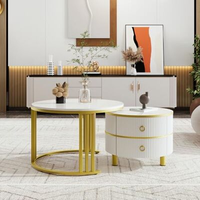 Merax Lot de 2 tables basses rondes modernes avec placage en marbre, table gigogne brillante avec tiroirs, pour salon, balcon et bureau Blanc - Publicité Merax Lot de 2 tables basses rondes modernes avec placage en marbre, table gigogne brillante avec tiroirs, pour salon, balcon et bureau Blanc - Publicité