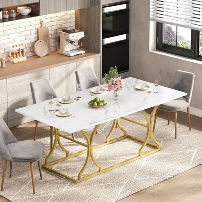 Merax Table à Manger 200×80 cm Effet marbre pour 8-10 Personnes, Plateau 2,5 cm, Pieds métal dorés réglables, Design Moderne, Bois mélaminé Blanc/Noir – Table Repas Salon Cuisine - Publicité Merax Table à Manger 200×80 cm Effet marbre pour 8-10 Personnes, Plateau 2,5 cm, Pieds métal dorés réglables, Design Moderne, Bois mélaminé Blanc/Noir – Table Repas Salon Cuisine - Publicité