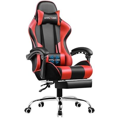 GTPLAYER Chaise de Jeu, Ergonomique, avec Repose-Pieds, appuie-tête, Coussin Lombaire rembourré, pivotant, Supporte 150 kg, Rouge - Publicité GTPLAYER Chaise de Jeu, Ergonomique, avec Repose-Pieds, appuie-tête, Coussin Lombaire rembourré, pivotant, Supporte 150 kg, Rouge - Publicité