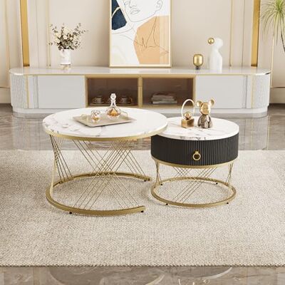 BTM Lot de 2 Tables Basses gigognes, Table Basse gigogne Ronde 70/50cm, Table Basse avec tiroir Noir et des Accents dorés pour Salon, Chambre, Bureau, Appartement, Design Moderne Blanc&Noir - Publicité BTM Lot de 2 Tables Basses gigognes, Table Basse gigogne Ronde 70/50cm, Table Basse avec tiroir Noir et des Accents dorés pour Salon, Chambre, Bureau, Appartement, Design Moderne Blanc&Noir - Publicité