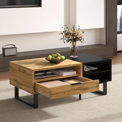 BTM Table Basse Salon, 3 Compartiments, Tiroir et Pieds en Métal, Table d'Appoint Coffee Table Bois Rectangulaire, 100 x50x40cm, Noir & Brun - Publicité BTM Table Basse Salon, 3 Compartiments, Tiroir et Pieds en Métal, Table d'Appoint Coffee Table Bois Rectangulaire, 100 x50x40cm, Noir & Brun - Publicité