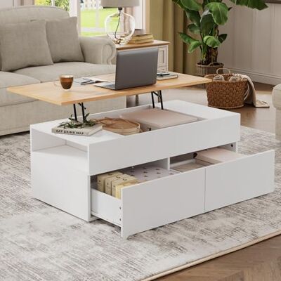 BTM Table Basse 100x50x40cm, Hauteur Réglable, Espace de Rangement Caché, 2 Tiroirs, Semi-Ouvert, Blanc + Teinte Bois - Publicité BTM Table Basse 100x50x40cm, Hauteur Réglable, Espace de Rangement Caché, 2 Tiroirs, Semi-Ouvert, Blanc + Teinte Bois - Publicité