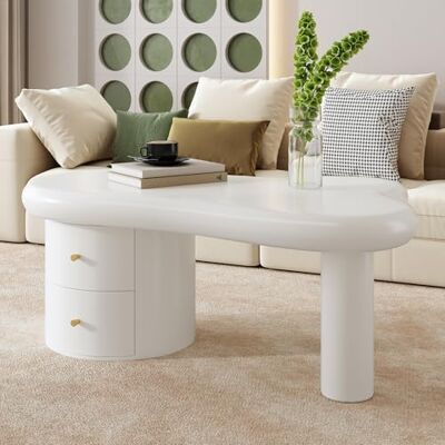 BTM Table Basse Blanche Moderne avec Forme Irrégulière – 2 Tiroirs, Économique en Espace, Élégante, Stable – Parfaite pour Salon & Utilisation Polyvalente - Publicité BTM Table Basse Blanche Moderne avec Forme Irrégulière – 2 Tiroirs, Économique en Espace, Élégante, Stable – Parfaite pour Salon & Utilisation Polyvalente - Publicité