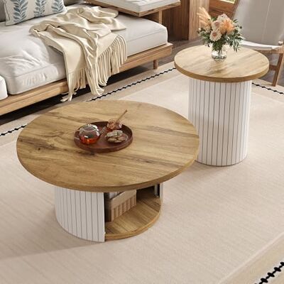Merax Ensemble table basse 75 x 75 x 50 + 45 x 45 x 35 cm, double table de salon ronde avec table d'appoint, aspect bois naturel, style scandinave, table basse moderne pour salon, naturel - Publicité Merax Ensemble table basse 75 x 75 x 50 + 45 x 45 x 35 cm, double table de salon ronde avec table d'appoint, aspect bois naturel, style scandinave, table basse moderne pour salon, naturel - Publicité