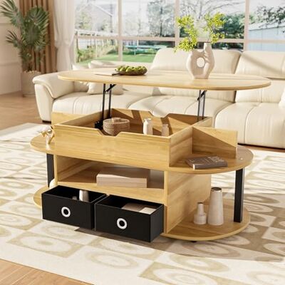Merax Table basse avec fonction de levage, table de salon moderne avec grain de bois, espace de rangement et tiroirs en tissu, pour salon, bureau et chambre à coucher, couleur bois + noir, 105 x 50 x - Publicité Merax Table basse avec fonction de levage, table de salon moderne avec grain de bois, espace de rangement et tiroirs en tissu, pour salon, bureau et chambre à coucher, couleur bois + noir, 105 x 50 x - Publicité