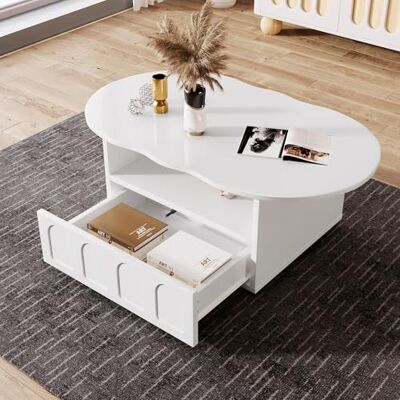 BTM Table Basse Blanc, Forme de Nuage, Motif en Relief, Table Basse Bois avec Compartement Ouvert et Tiroir, Charge 30kg, 100x60x40cm - Publicité BTM Table Basse Blanc, Forme de Nuage, Motif en Relief, Table Basse Bois avec Compartement Ouvert et Tiroir, Charge 30kg, 100x60x40cm - Publicité