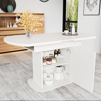 Merax Table de salle à manger extensible en bois avec espace de rangement, table de cuisine ovale pour salon et salle à manger, 110/130 x 70 x 75 cm, couleur blanc - Publicité Merax Table de salle à manger extensible en bois avec espace de rangement, table de cuisine ovale pour salon et salle à manger, 110/130 x 70 x 75 cm, couleur blanc - Publicité