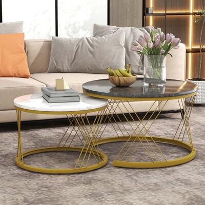 BTM Ensemble de 2 Tables Basses gigognes Modernes, en placage marbre, Style gigogne, Rondes, avec Cadre doré. Publicité BTM Ensemble de 2 Tables Basses gigognes Modernes, en placage marbre, Style gigogne, Rondes, avec Cadre doré. Publicité