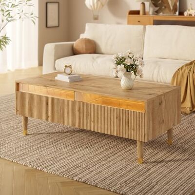 BTM Cette Table Basse LED Moderne Dispose d'une Plaque de tiroir ondulée, de Pieds en Bois doré, de Deux tiroirs et d'une Bande LED Changeante de Couleur. Publicité BTM Cette Table Basse LED Moderne Dispose d'une Plaque de tiroir ondulée, de Pieds en Bois doré, de Deux tiroirs et d'une Bande LED Changeante de Couleur. Publicité