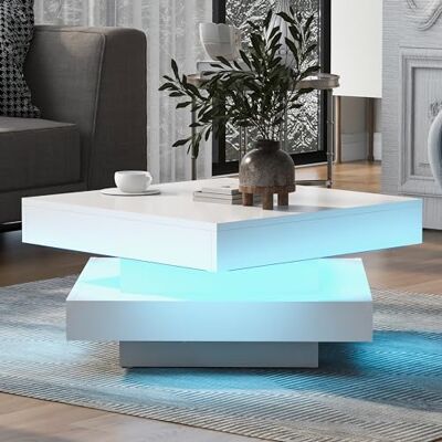 BTM Table Basse LED 16 Couleurs, avec Plateau Tournant, Moderne Table Basse Salon Carrée, Coffee Table Charge 50kg, 70 x70x36 cm, Blanc - Publicité BTM Table Basse LED 16 Couleurs, avec Plateau Tournant, Moderne Table Basse Salon Carrée, Coffee Table Charge 50kg, 70 x70x36 cm, Blanc - Publicité