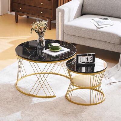 Merax Lot de 2 tables basses brillantes avec espace de rangement pour salon, balcon, structure en métal, or et noir, sans marbre - Publicité Merax Lot de 2 tables basses brillantes avec espace de rangement pour salon, balcon, structure en métal, or et noir, sans marbre - Publicité
