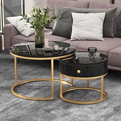 Merax Lot de 2 Tables Basses Rondes, Modernes, avec Motif marbre Brillant, pour Salon, Table d'appoint avec tiroir pour Salle de réception, Balcon et Bureau, Structure en métal, Noir - Publicité Merax Lot de 2 Tables Basses Rondes, Modernes, avec Motif marbre Brillant, pour Salon, Table d'appoint avec tiroir pour Salle de réception, Balcon et Bureau, Structure en métal, Noir - Publicité