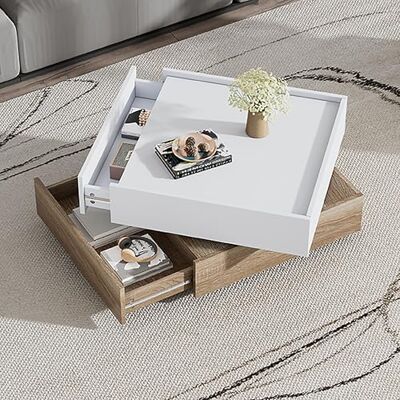 BTM Table Basse Salon Carrée, Plateau Pivotant à 360°, 2 Tiroirs & Cadre en Noyer, Coffee Table Charge 30kg, 60 x60x38cm, Blanc et Bois - Publicité BTM Table Basse Salon Carrée, Plateau Pivotant à 360°, 2 Tiroirs & Cadre en Noyer, Coffee Table Charge 30kg, 60 x60x38cm, Blanc et Bois - Publicité
