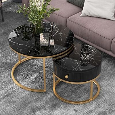 Merax Table basse ronde, Set de 2 tables gigognes, Table d'appoint moderne Table de salon Tables gigognes café avec tiroir, Structure en métal doré, Motif marbre, Tables de canapé pour chambre à - Publicité Merax Table basse ronde, Set de 2 tables gigognes, Table d'appoint moderne Table de salon Tables gigognes café avec tiroir, Structure en métal doré, Motif marbre, Tables de canapé pour chambre à - Publicité