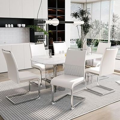 Merax Lot de 6 chaises de salle à manger à dossier haut en cuir synthétique PU et lin, structure en métal, chaises de cuisine modernes, rembourrées pour salon, salle de conférence, blanches - Publicité Merax Lot de 6 chaises de salle à manger à dossier haut en cuir synthétique PU et lin, structure en métal, chaises de cuisine modernes, rembourrées pour salon, salle de conférence, blanches - Publicité