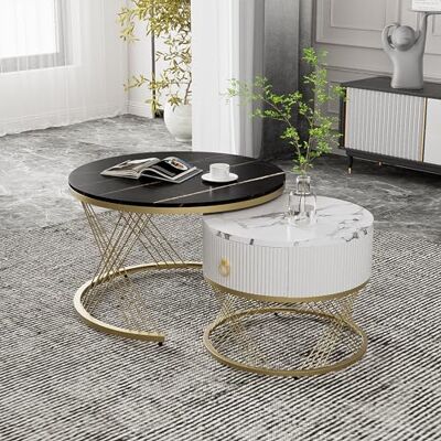 BTM Lot de 2 Tables Basses gigognes, Table Basse gigogne Ronde 70/50cm, Table Basse avec tiroir Blanc et des Accents dorés pour Salon, Chambre, Bureau, Appartement, Design Moderne Blanc&Noir - Publicité BTM Lot de 2 Tables Basses gigognes, Table Basse gigogne Ronde 70/50cm, Table Basse avec tiroir Blanc et des Accents dorés pour Salon, Chambre, Bureau, Appartement, Design Moderne Blanc&Noir - Publicité