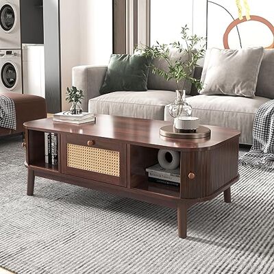 Merax Table basse moderne avec tiroirs et portes coulissantes en bois massif, table de salon avec espaces de rangement, table d'appoint multifonctionnelle, style maison de campagne, marron - Publicité Merax Table basse moderne avec tiroirs et portes coulissantes en bois massif, table de salon avec espaces de rangement, table d'appoint multifonctionnelle, style maison de campagne, marron - Publicité