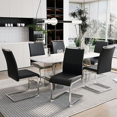 Merax Lot de 6 chaises de salle à manger modernes avec dossier en cuir synthétique et lin, dossier haut rembourré à rayures horizontales pour salle à manger, cuisine, bureau d'invités, noir - Publicité Merax Lot de 6 chaises de salle à manger modernes avec dossier en cuir synthétique et lin, dossier haut rembourré à rayures horizontales pour salle à manger, cuisine, bureau d'invités, noir - Publicité