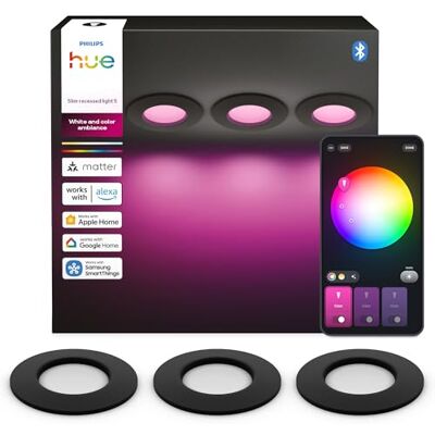 Philips White&Color Ambiance, Spot Encastrable, 90mm, Pack de 3, Noir Spots plafond Fin & Design, 1000lm, LED RGBW, IP44, Gradation ultra-faible 0.2%, Compatible Matter, Contrôle vocal & via app - Publicité Philips White&Color Ambiance, Spot Encastrable, 90mm, Pack de 3, Noir Spots plafond Fin & Design, 1000lm, LED RGBW, IP44, Gradation ultra-faible 0.2%, Compatible Matter, Contrôle vocal & via app - Publicité