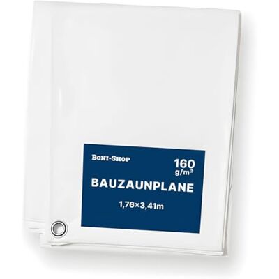 Boni-Shop Bâche de clôture de chantier pare-vue 1,76x3,41m Blanc Toile en PE 160g/m² tissée imperméable stabilisée aux UV Bâche de clôture occultante avec œillets en aluminium Bâche de chantier - Publicité Boni-Shop Bâche de clôture de chantier pare-vue 1,76x3,41m Blanc Toile en PE 160g/m² tissée imperméable stabilisée aux UV Bâche de clôture occultante avec œillets en aluminium Bâche de chantier - Publicité