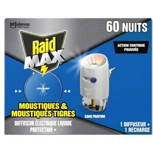 Raid Max Diffuseur Électrique Liquide Moustiques et Moustiques Tigres 60 Nuits 1 Diffuseur + 1 Recharge Sans Parfum - Publicité Raid Max Diffuseur Électrique Liquide Moustiques et Moustiques Tigres 60 Nuits 1 Diffuseur + 1 Recharge Sans Parfum - Publicité