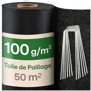 Praknu Toile de Paillage 1m x 50m avec 24 Piquets de Fixation Bache Anti-Mauvaise Herbe 100g/m² 50m² en Rouleau Geotextile Perméable Stabilisée UV - Publicité Praknu Toile de Paillage 1m x 50m avec 24 Piquets de Fixation Bache Anti-Mauvaise Herbe 100g/m² 50m² en Rouleau Geotextile Perméable Stabilisée UV - Publicité