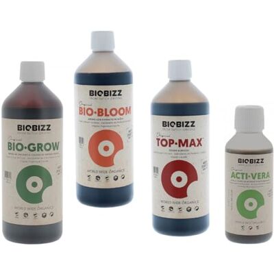 BIOBIZZ Pack d'engrais : Bio Grow + Bio Bloom + Top Max en bouteilles de 1 litre et Acti-vera en 250ml - Publicité BIOBIZZ Pack d'engrais : Bio Grow + Bio Bloom + Top Max en bouteilles de 1 litre et Acti-vera en 250ml - Publicité
