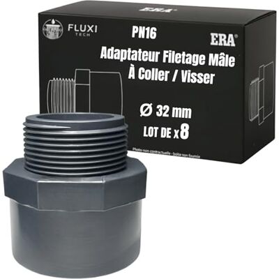 FLUXI-TECH Adaptateur PVC à Visser 1" BSP Mâle à Coller Ø 32 mm Femelle Lot de 8 pièces PN16 bars, Résistance aux Produits Chimiques, jusqu’à 60°C - Publicité FLUXI-TECH Adaptateur PVC à Visser 1" BSP Mâle à Coller Ø 32 mm Femelle Lot de 8 pièces PN16 bars, Résistance aux Produits Chimiques, jusqu’à 60°C - Publicité